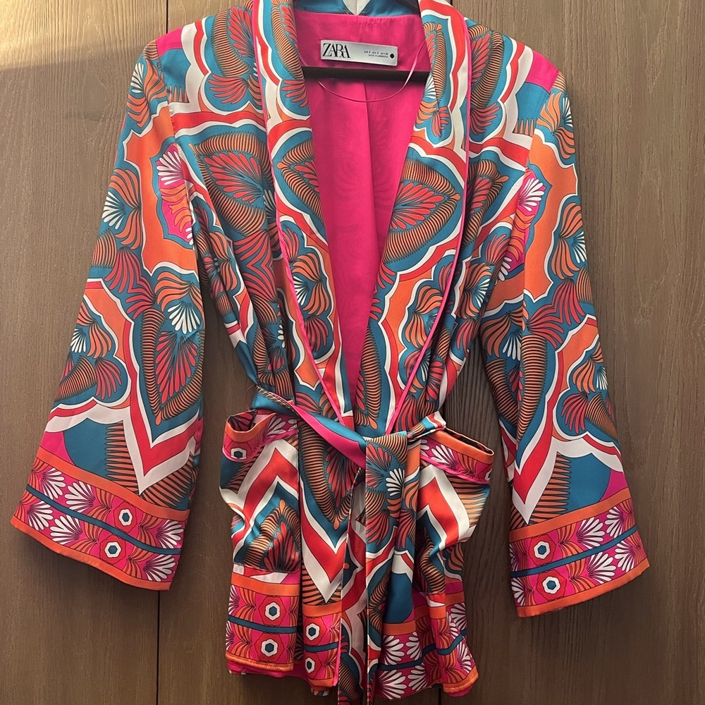 ZARA BELTED PRINTED PINK TURQUOISE LEAVES KIMONO JACKET Size Small